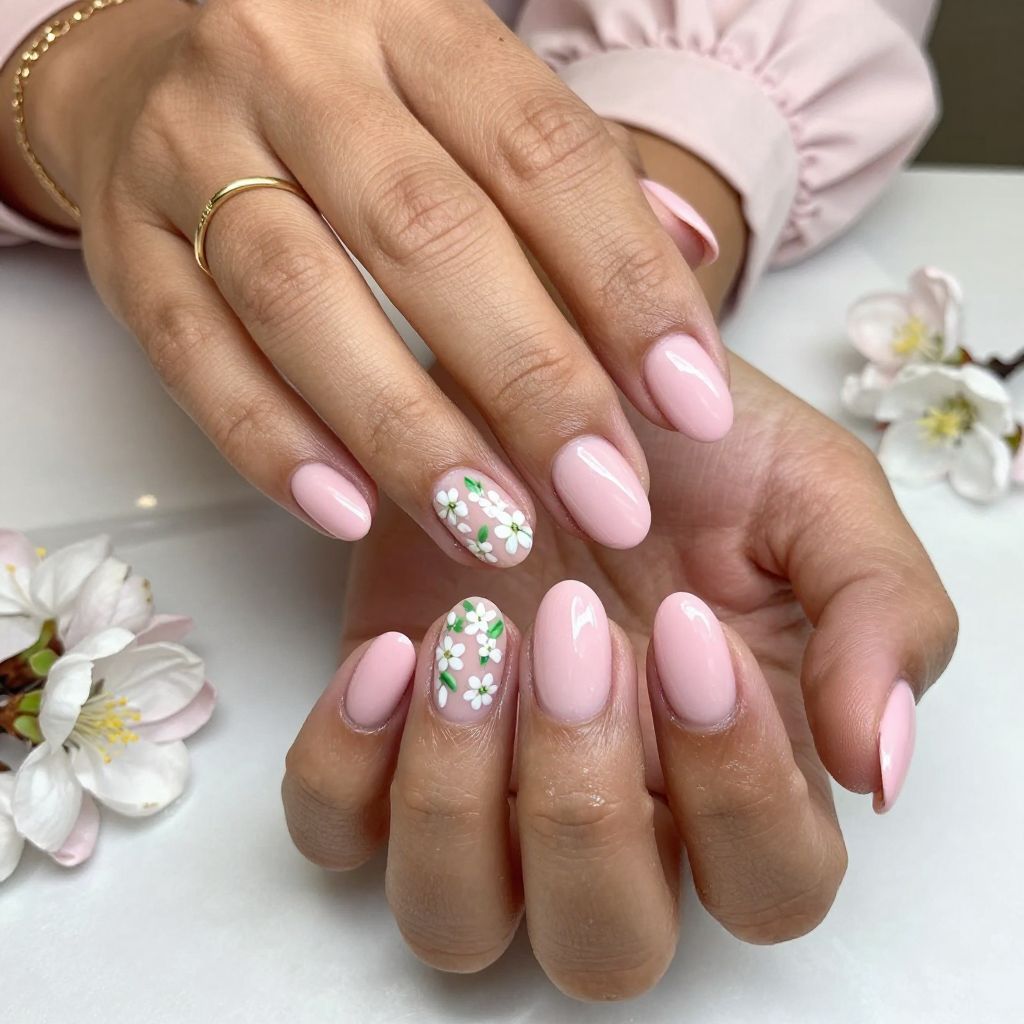 Baby Pink French Tips with Floral Accents