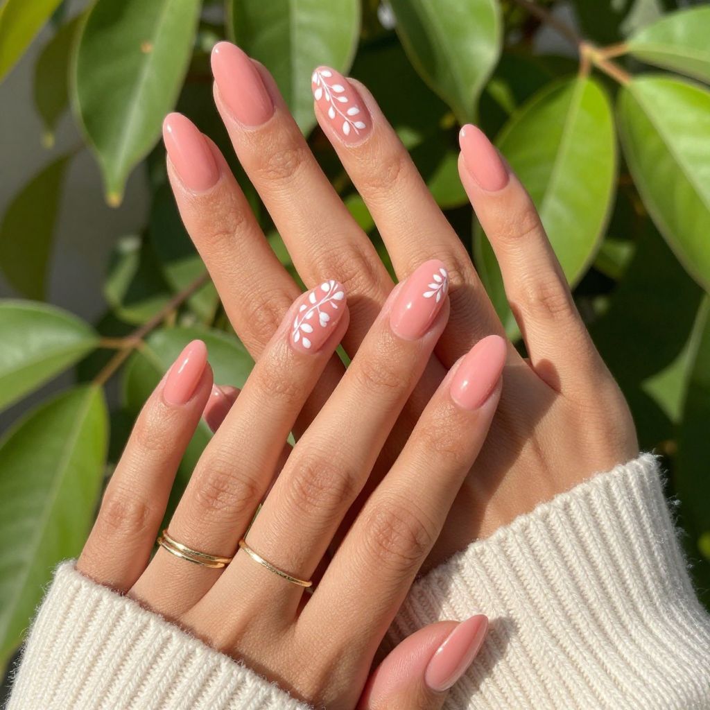Coral Pink Tips with Subtle Leaf Detailing