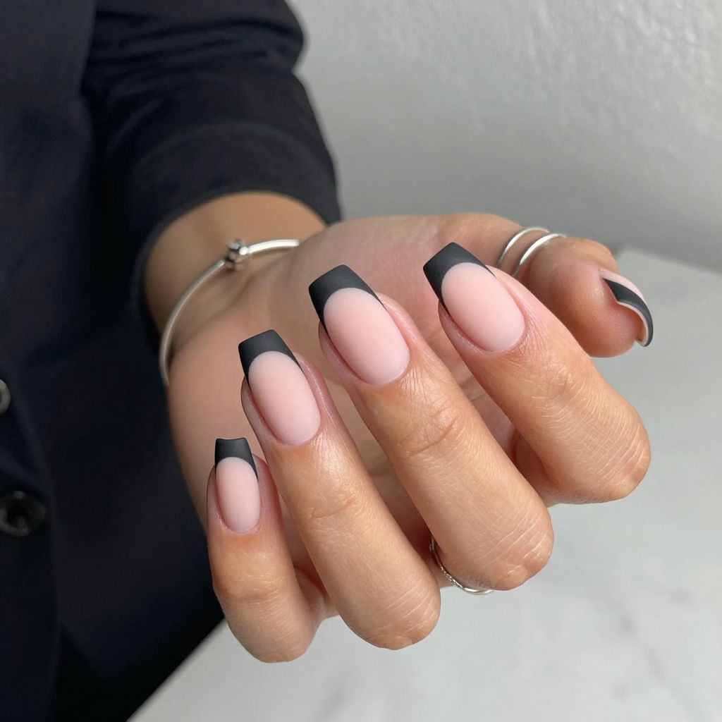 Soft Pink Tips with Matte Black Stripes