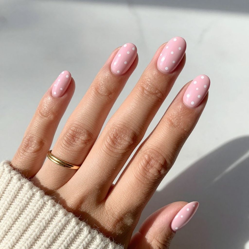 Baby Pink Tips with White Polka Dots