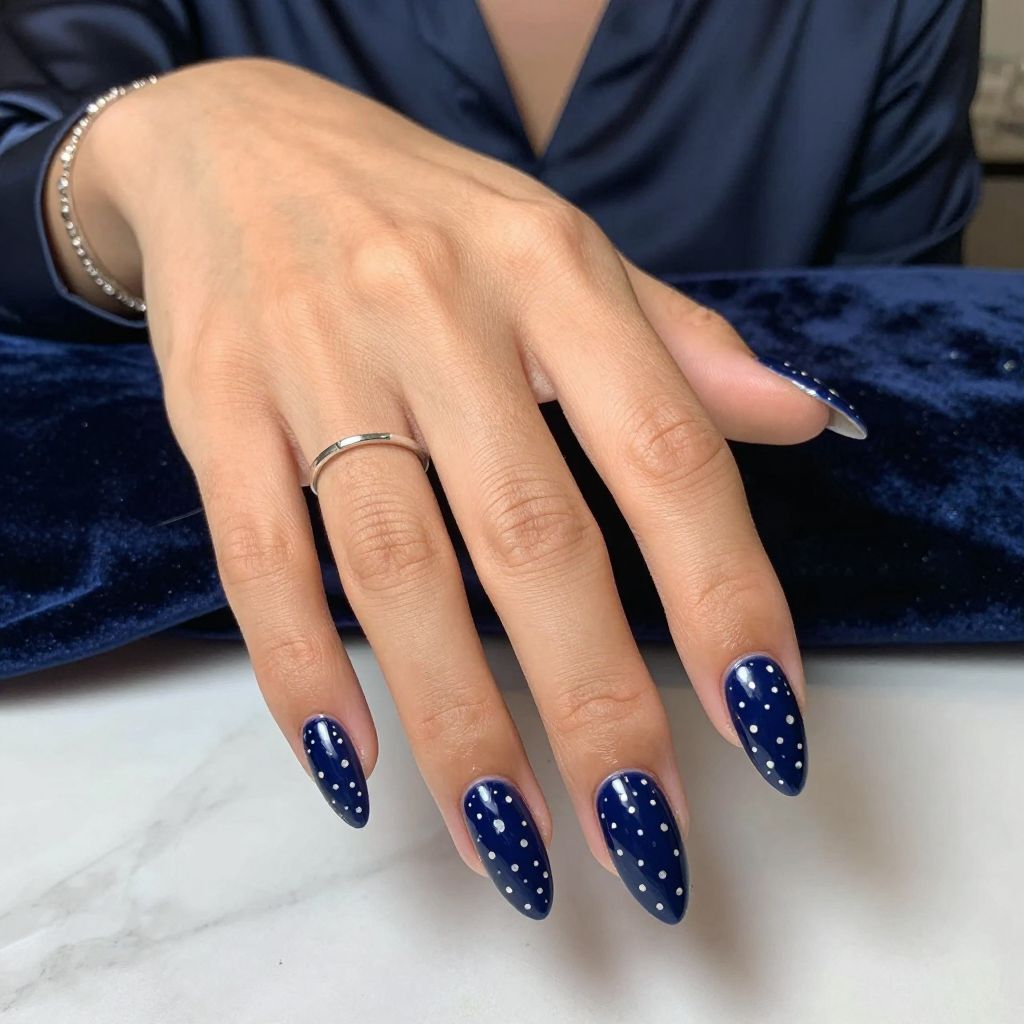 Navy Blue Base with Silver Polka Dots