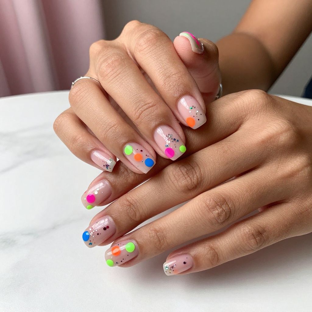 Clear Nails with Neon Polka Dots and Glitter