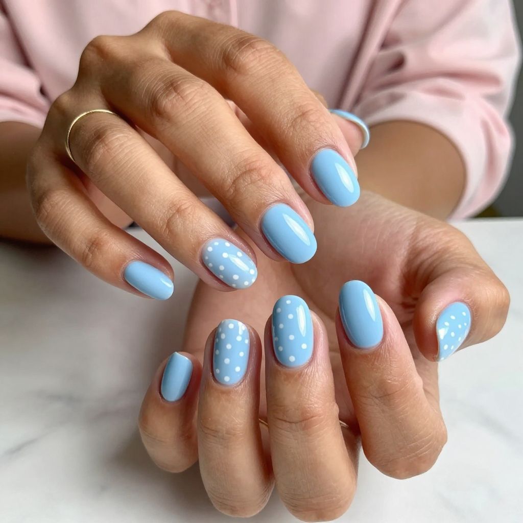 Baby Blue with White Polka Dot Accent Nails