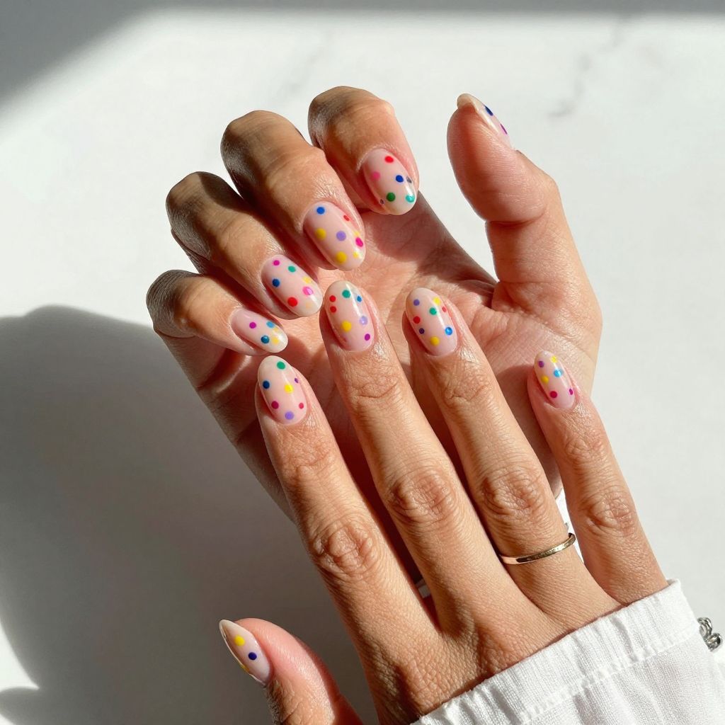 Multi-Color Polka Dots on Clear Nails