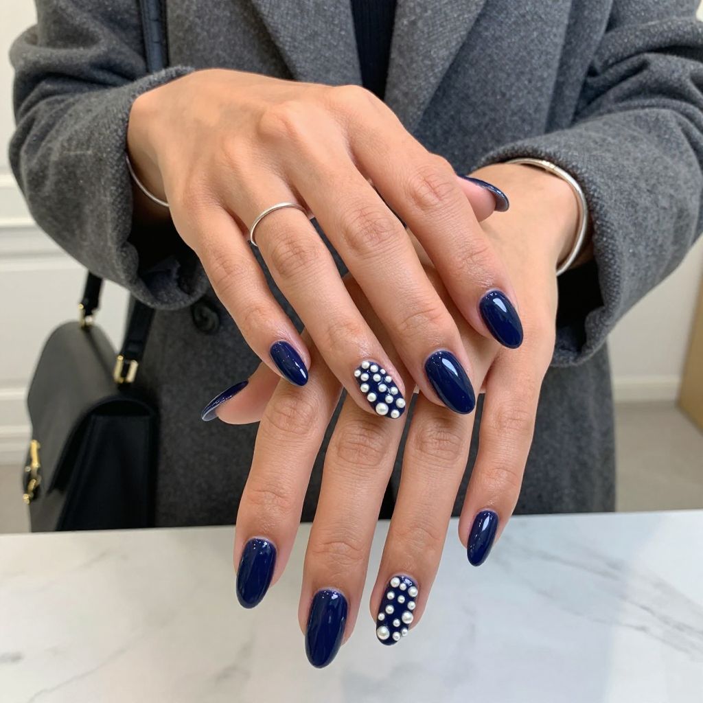 Chic Navy with Pearl Accent Nails
