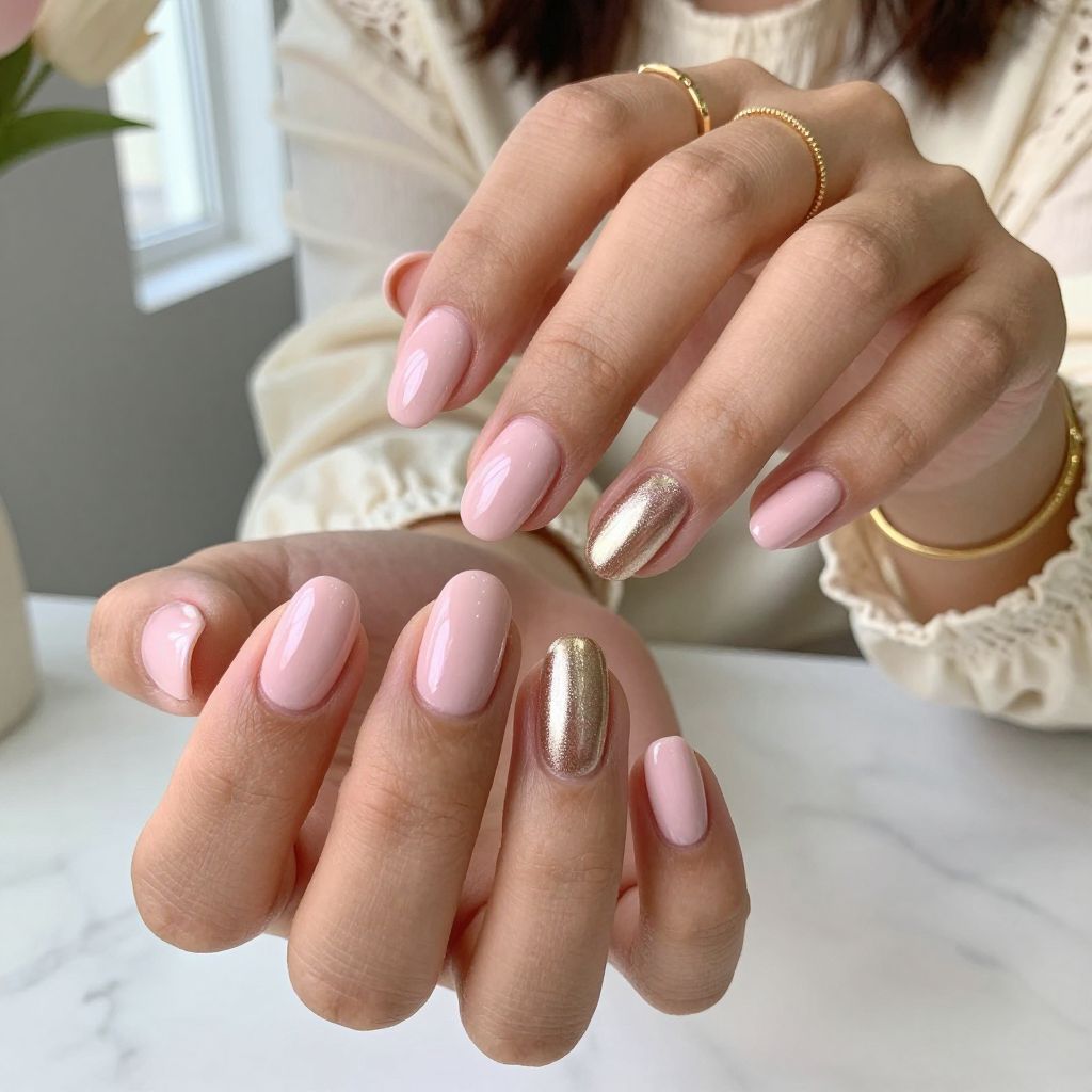 Soft Blush Pink with Metallic Accent Nail