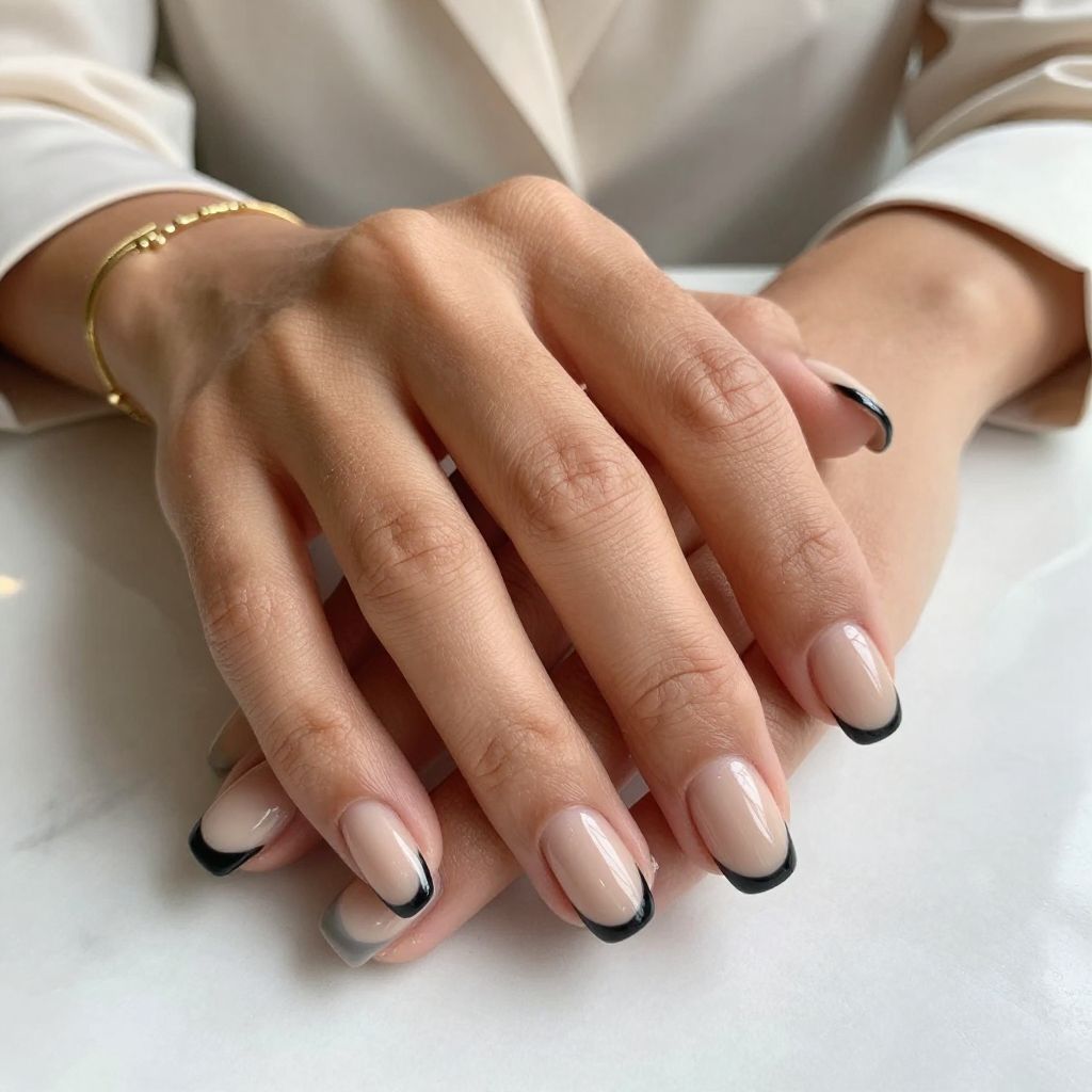 Soft Beige Base with Subtle Black French Tips