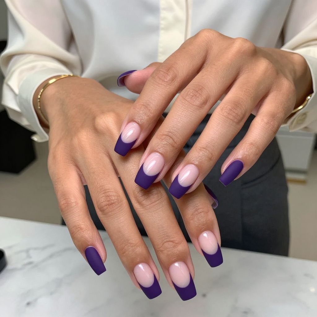 Dark Purple French Tips with Matte Gloss Contrast