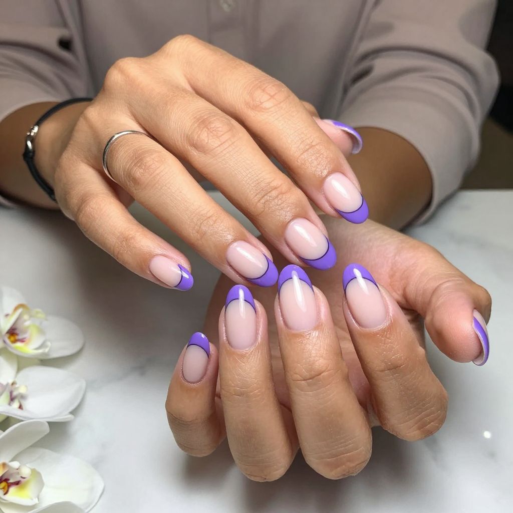 Violet French Tips with Minimalist Line Art