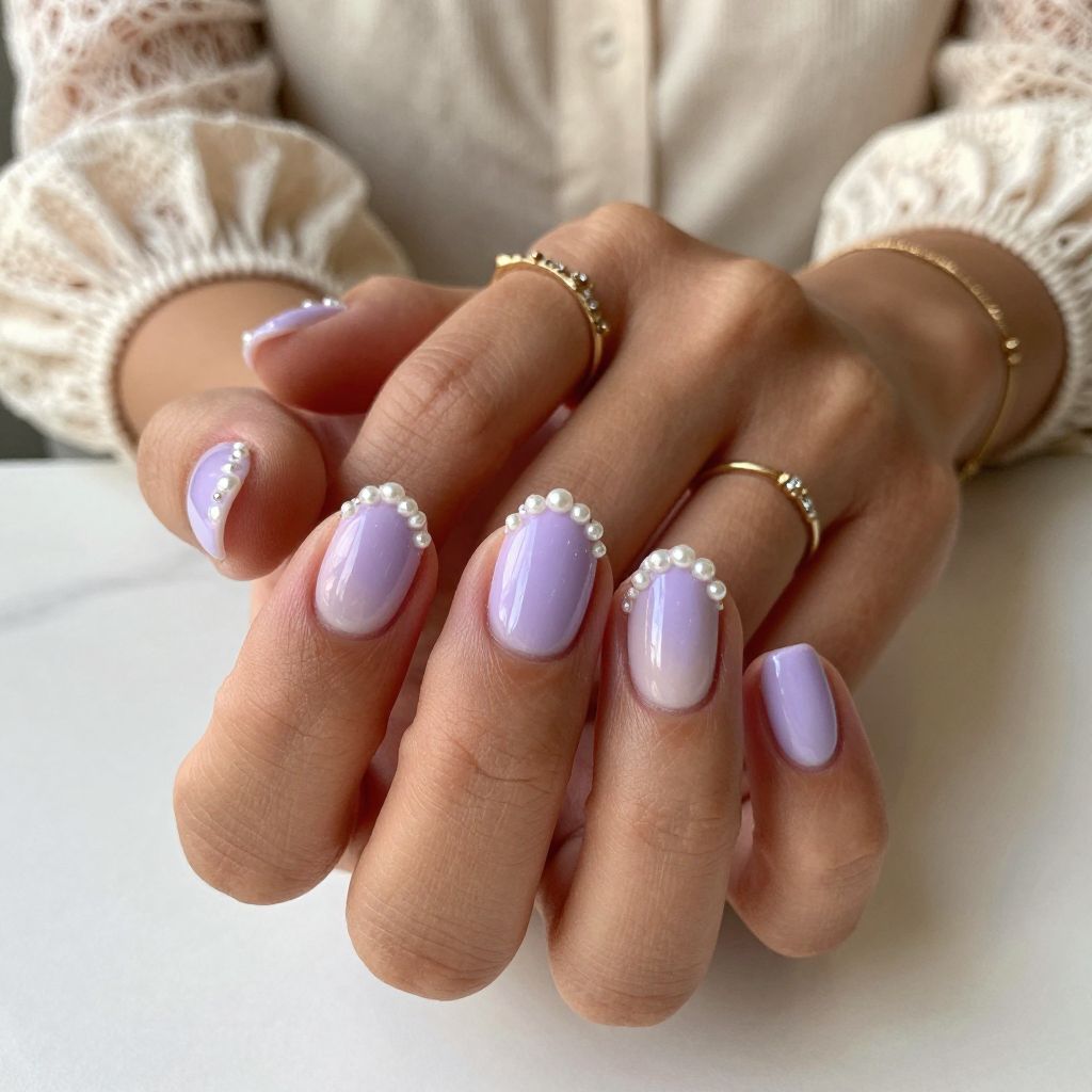 Light Purple French Tips with Tiny Pearls