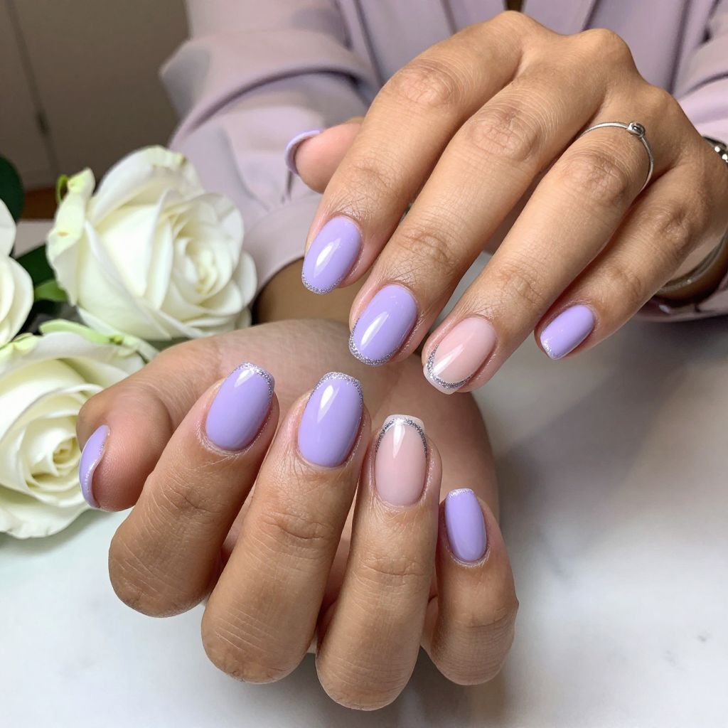 Lavender French Tips with Silver Glitter Line
