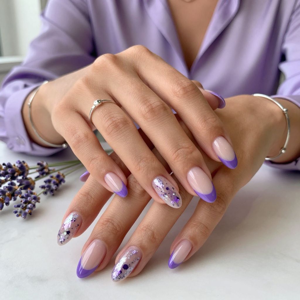French Tips with Purple Foil Accent