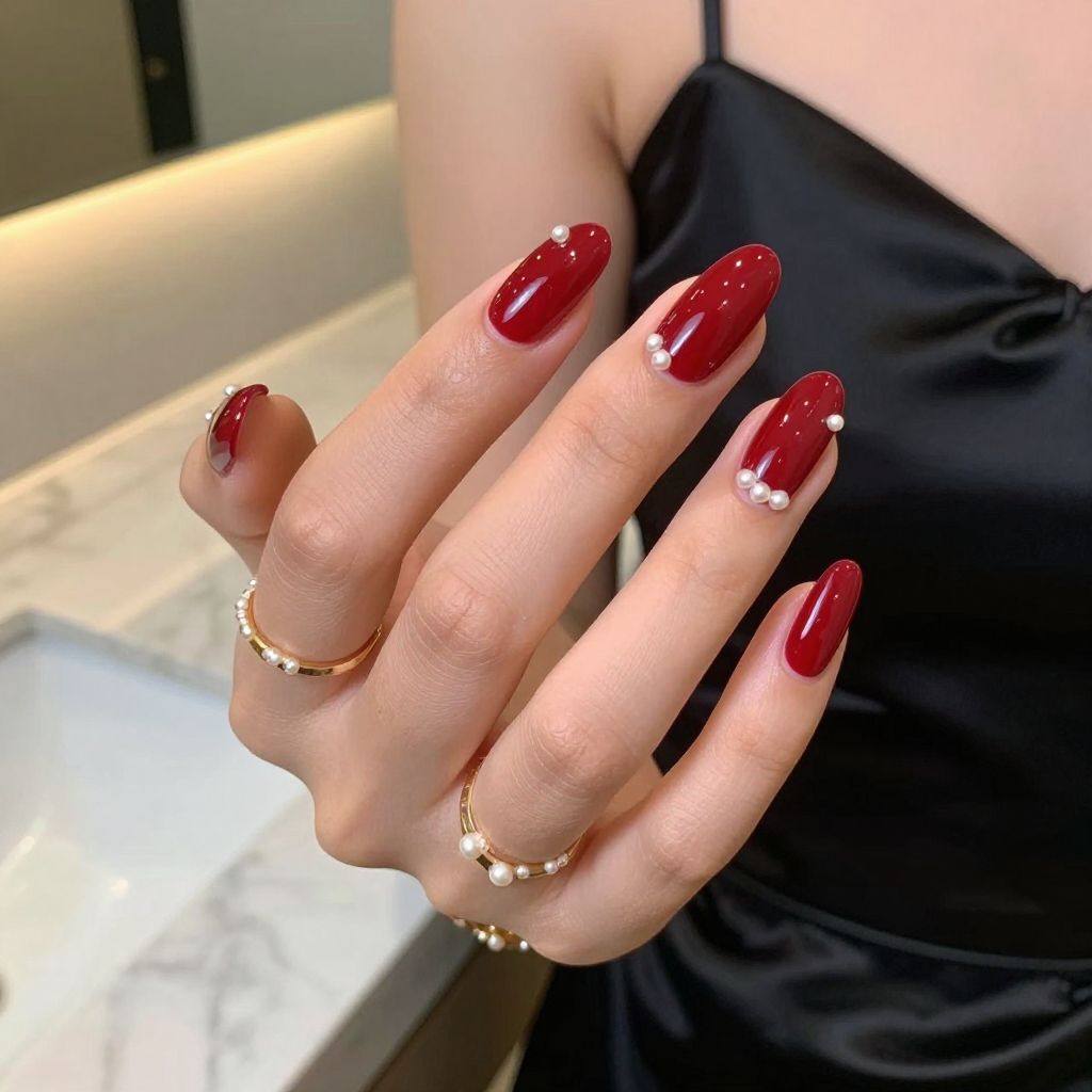 Gel Red Almonds with Pearl Embellishments