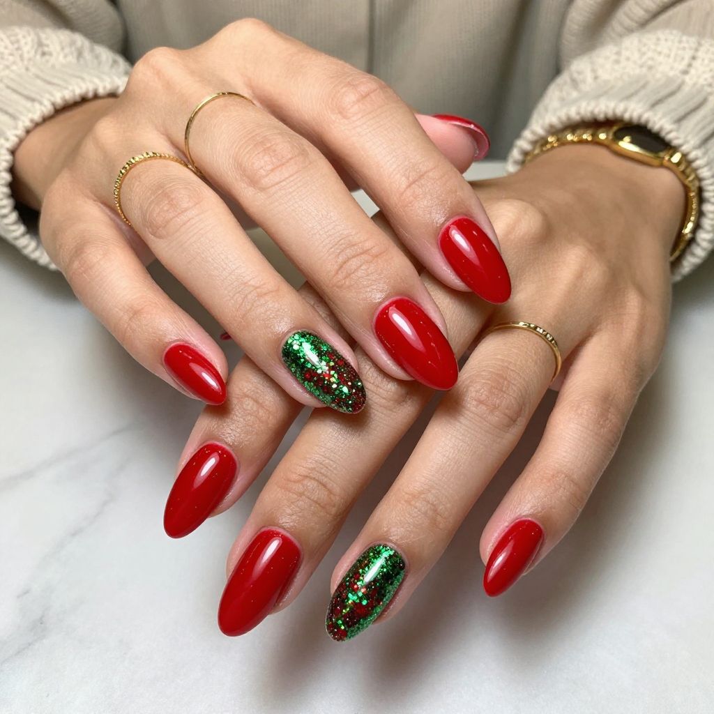 Festive Red Almonds with Green Glitter Accents