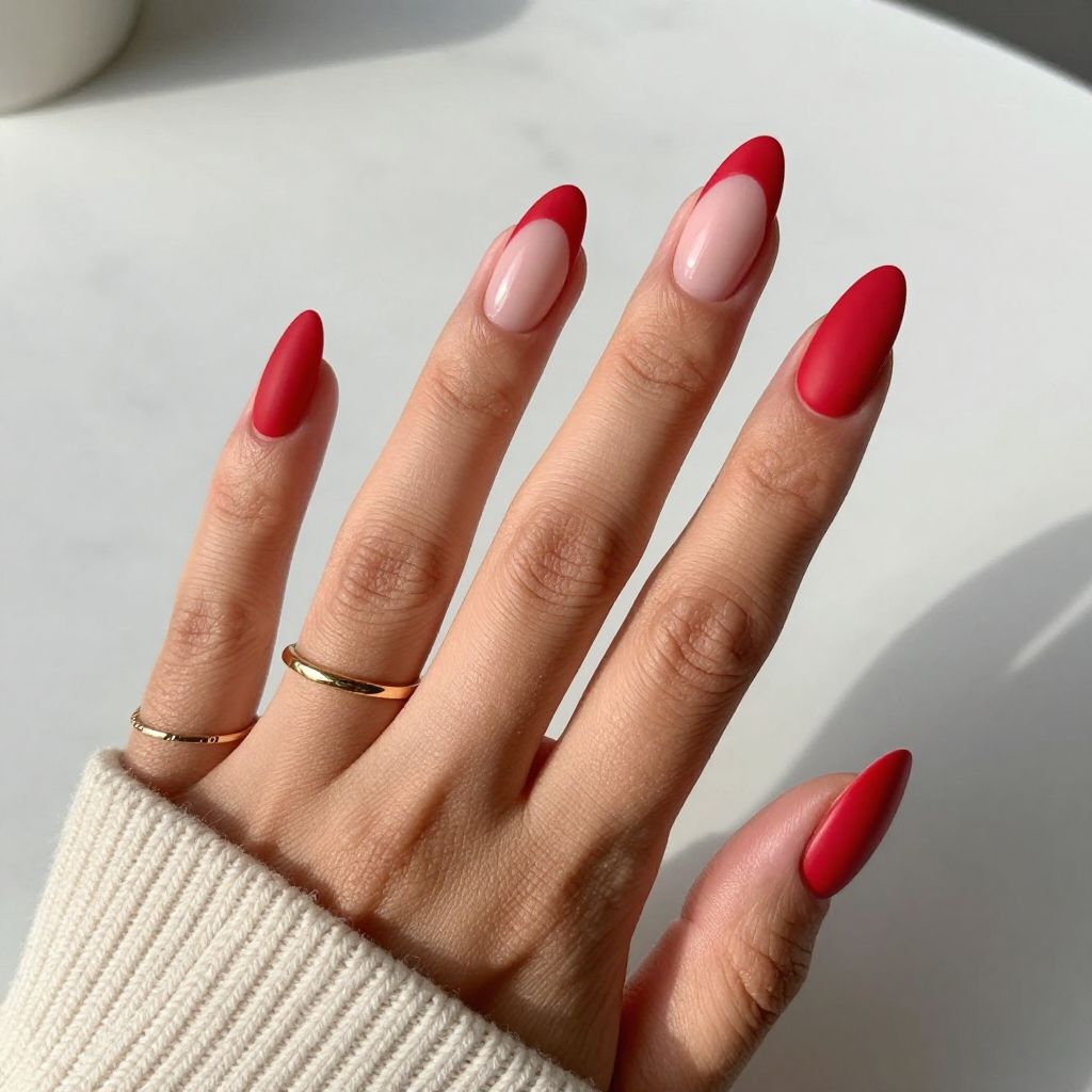 Red Matte Almonds with Glossy French Tips