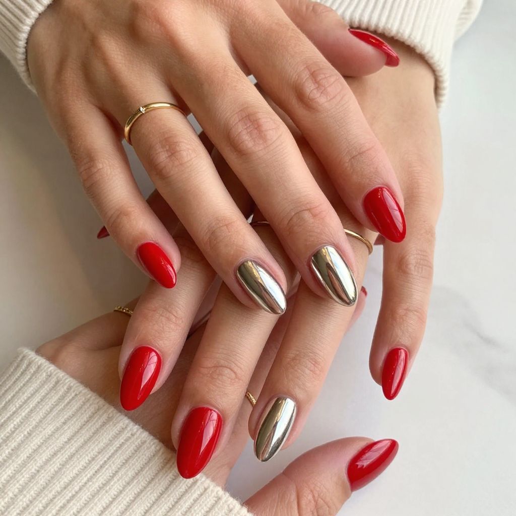 Fire Engine Red Almonds with Chrome Accent Nail