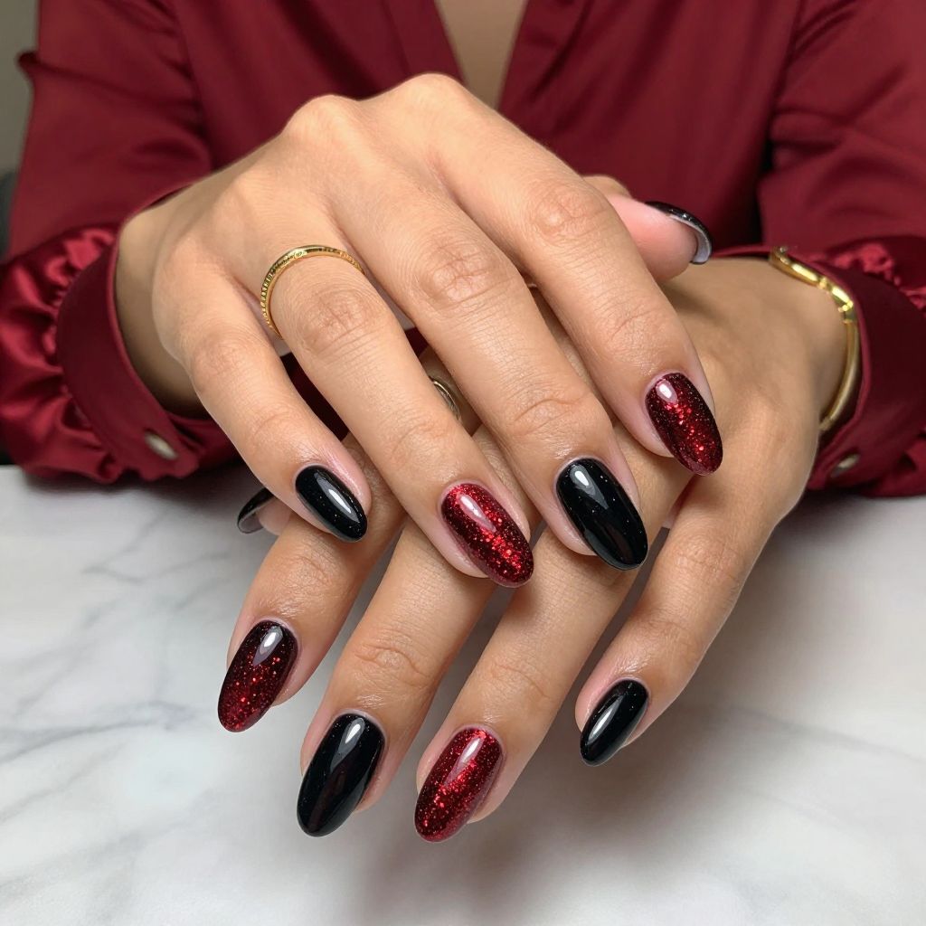 Black Chrome Nails With Red Glitter Ombre