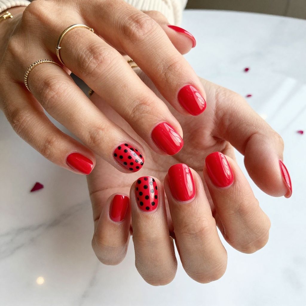 Red Base With Black Polka Dot Accent Nails
