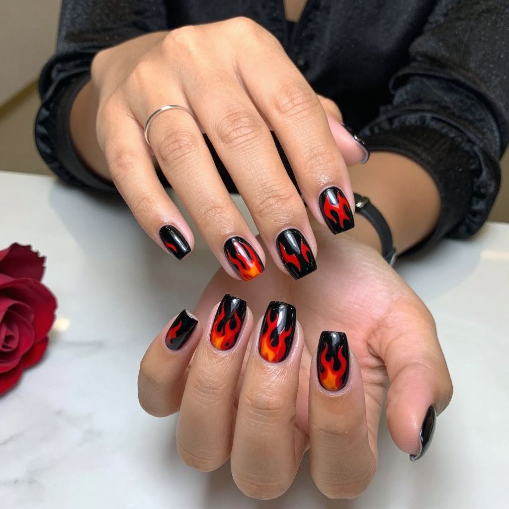 Red Flames Over Black Nails