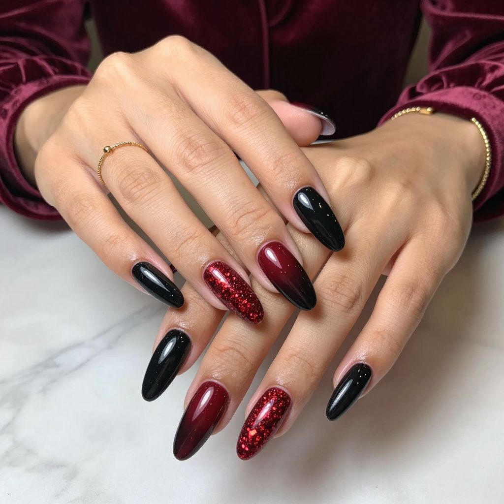 Black Burgundy Gradient With Red Glitter Accent