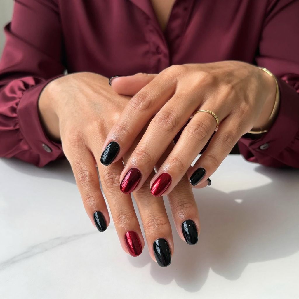 Glossy Black Nails With Deep Red Chrome Accent