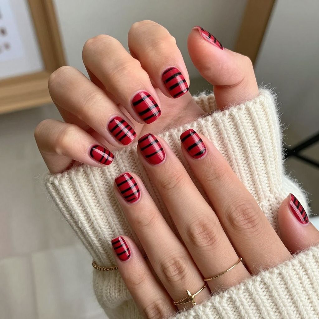 Striped Black And Red Candy Cane Nails