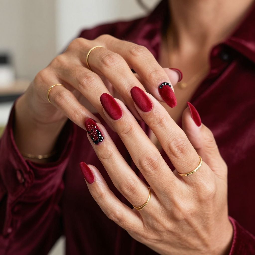 Red Velvet Nails With Black Rhinestone Accent
