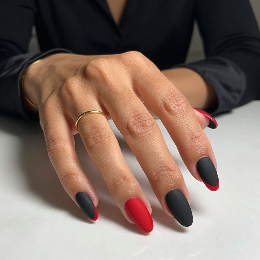 Black Matte Nails With Red French Tips