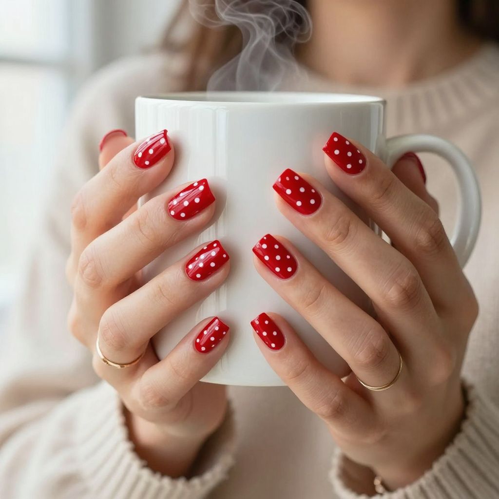 Glossy Red with White Polka Dots