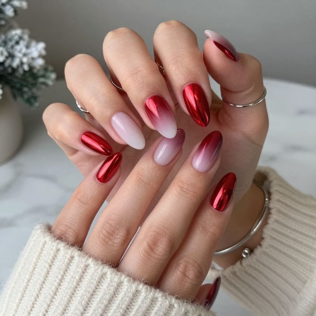 Red Chrome Nails with Frosted Tips