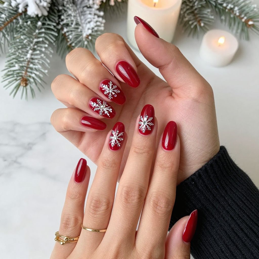 Midnight Red with Sparkling Rhinestone Snowflakes