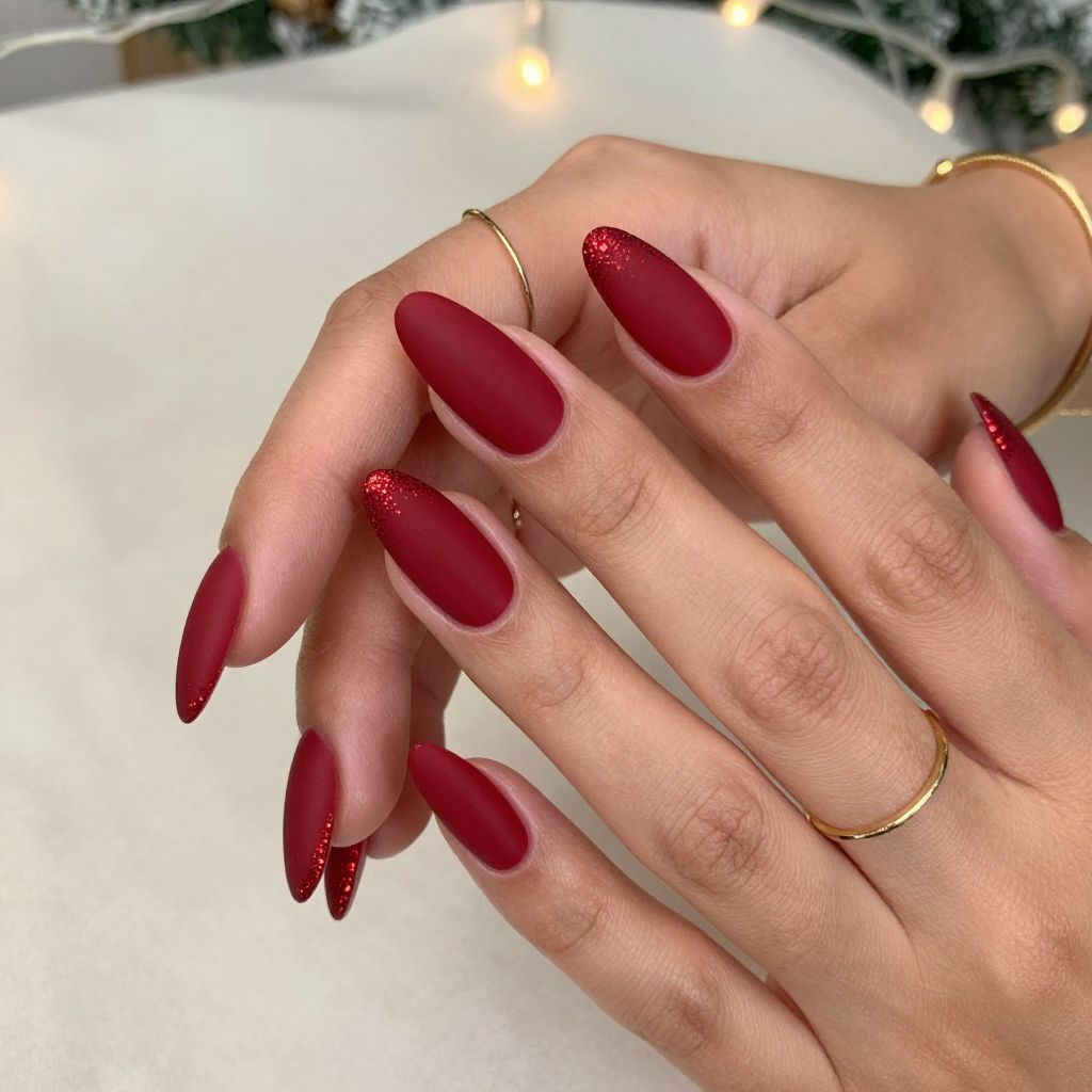 Red Satin with Glitter Tips and Matte Base