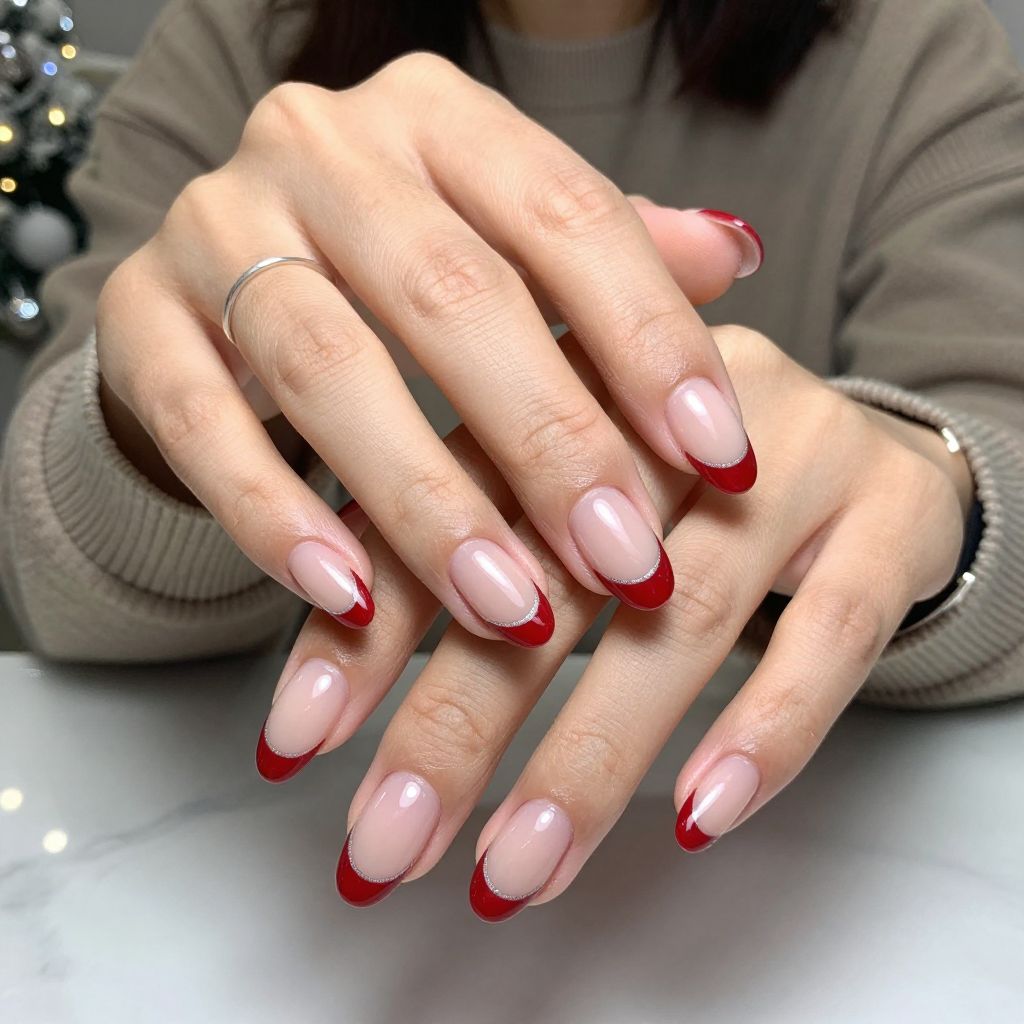 Cherry Red French Tips with Silver Details