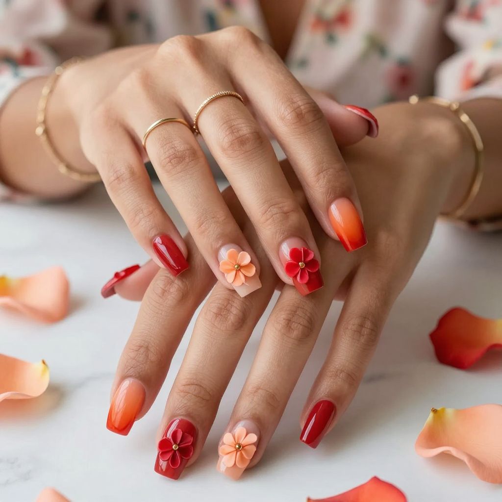Crimson to Papaya Ombre with 3D Flowers