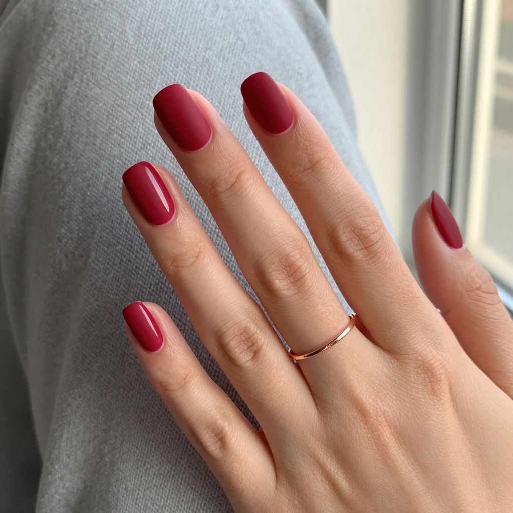 Red Matte with Glossy Half Moon Nails