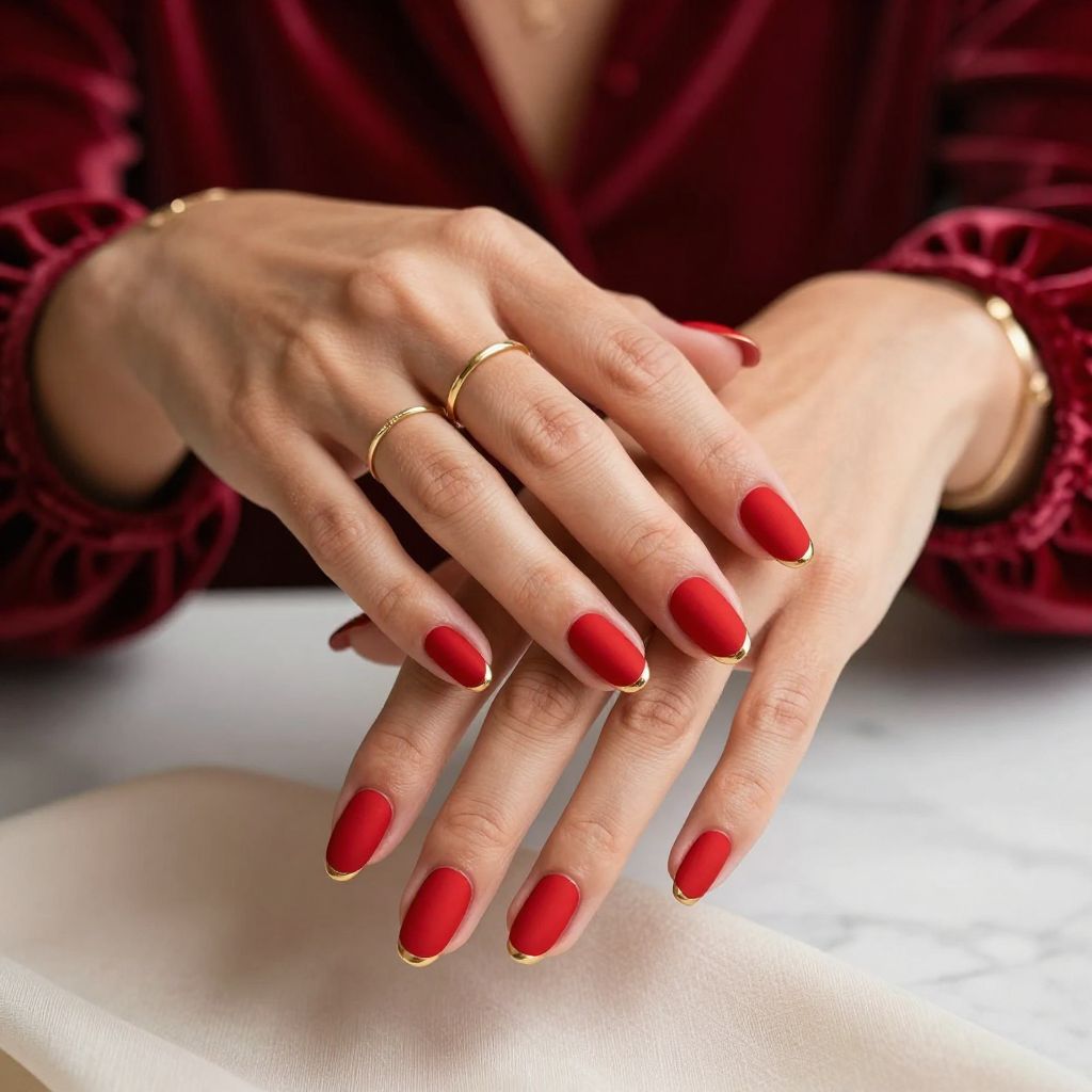 Red Satin Shine with Minimalist Gold Lines Nails