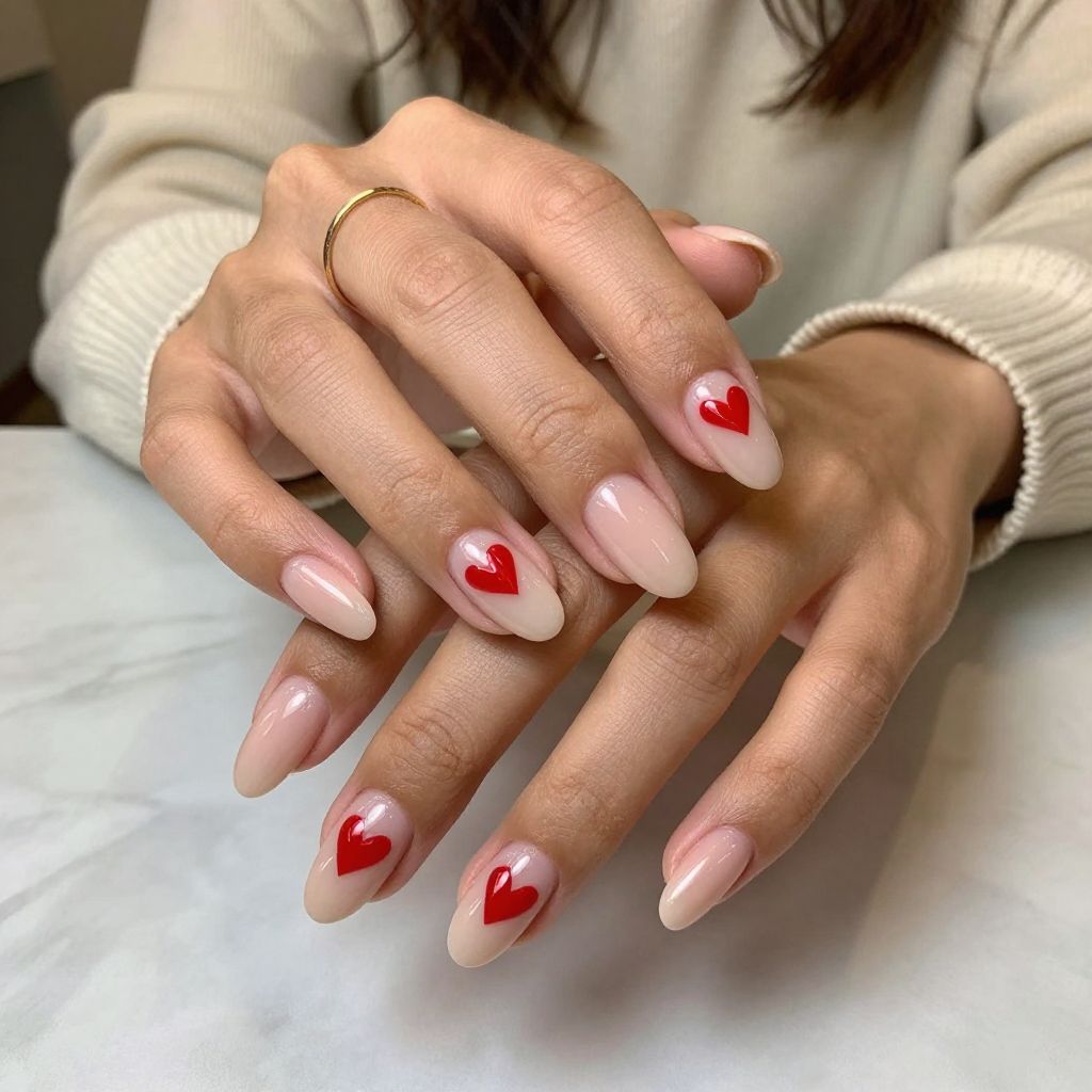 Nude And Red Heart Pop Nails