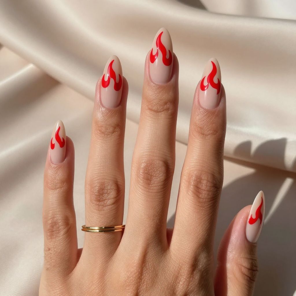 Bold Red Flames On Nude Matte