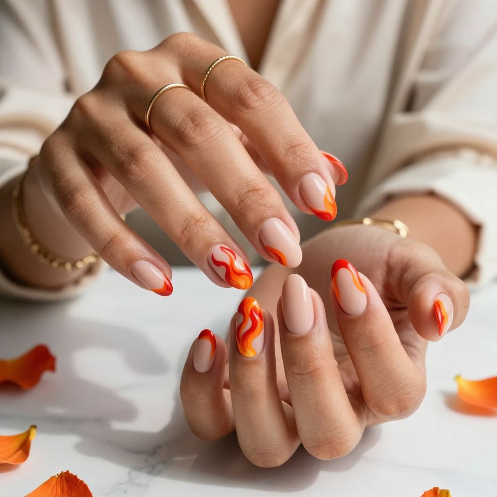 Flame Swirl Nail Art On Nude Base