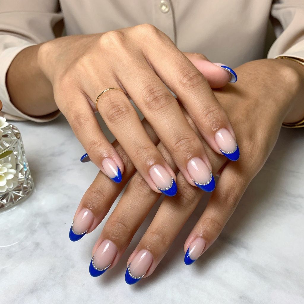 Royal Blue French Tips with Tiny Gems