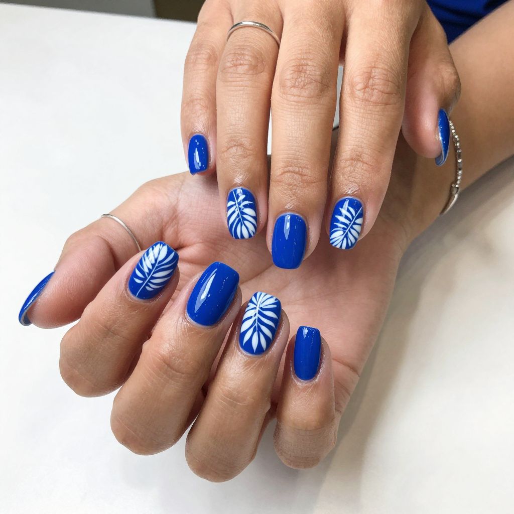 Royal Blue with Tropical Leaf Stamping