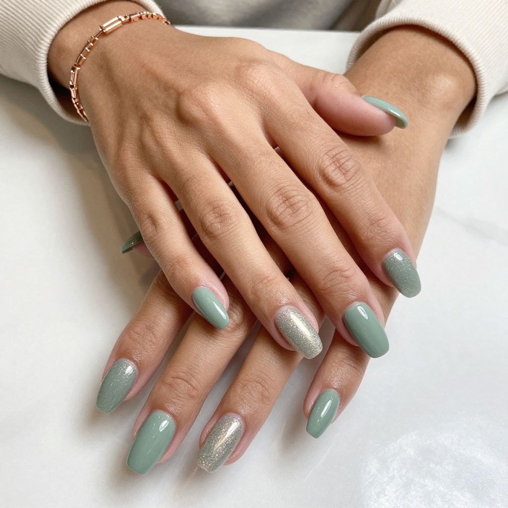 Sage Green Pearl Accent Nails