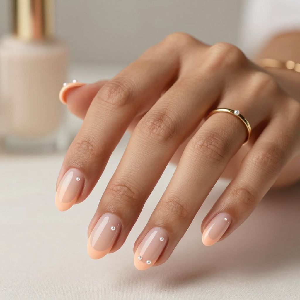Soft Peach Tips with Tiny Pearl Accents