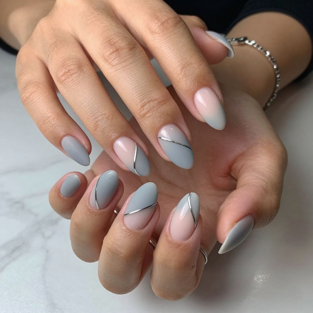 Frosted Gray Tips with Silver Geometric Lines