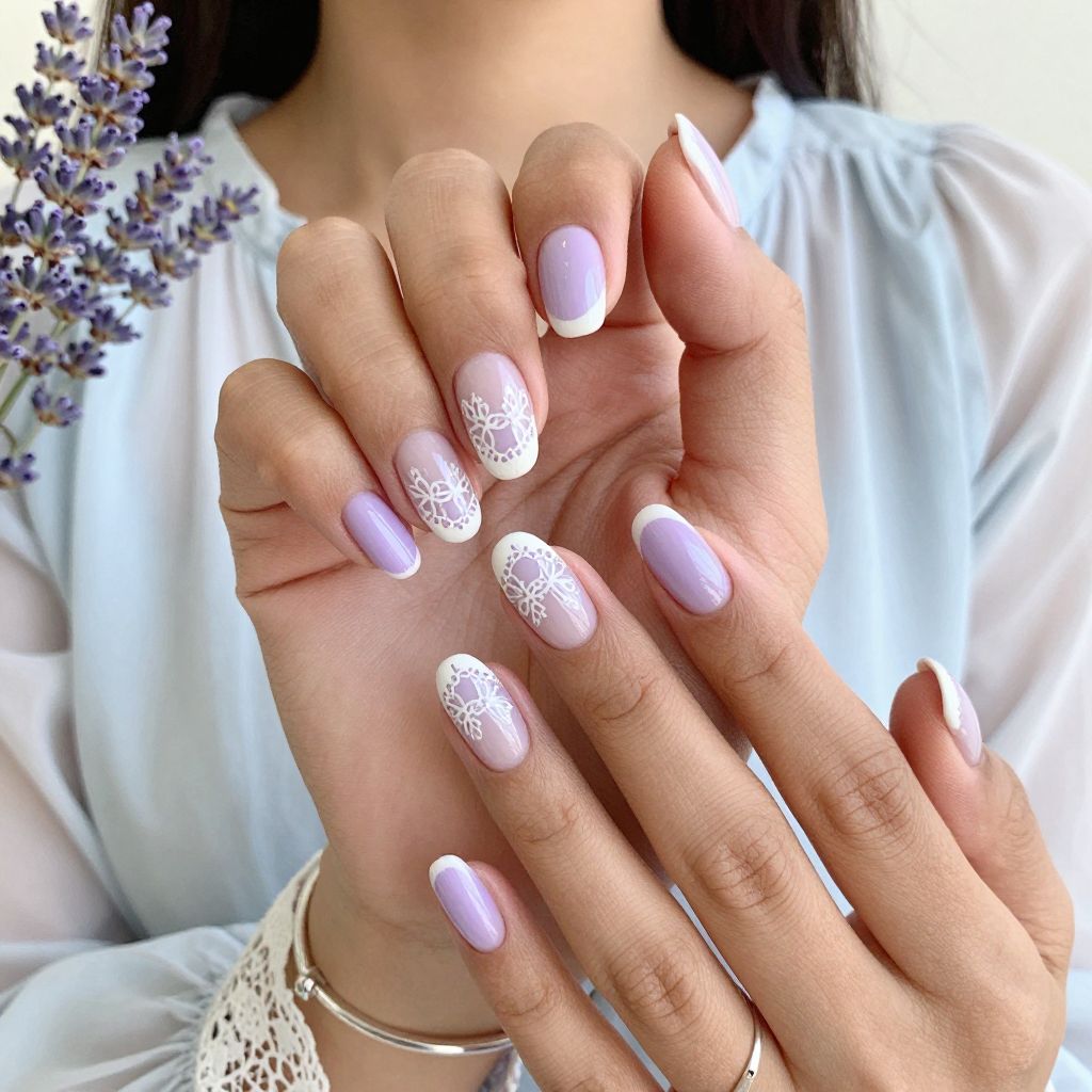 Lavender Tips with Tiny White Lace Detailing
