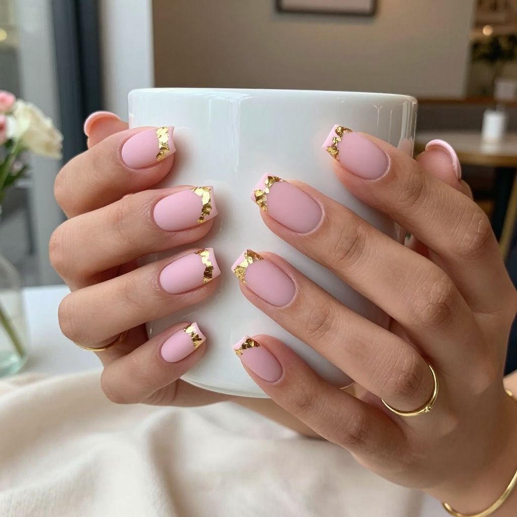 Matte Blush French Tips with Gold Foil