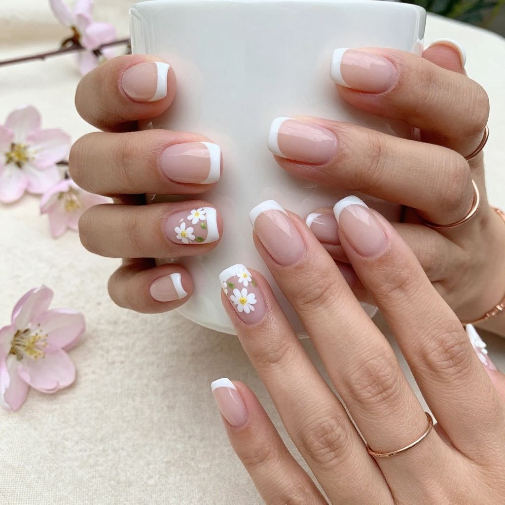 Soft Nude Tips with Delicate White Daisies
