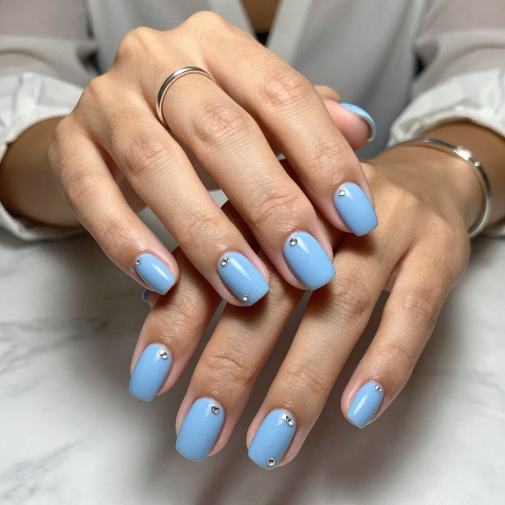 Sky Blue Gems Nail Design
