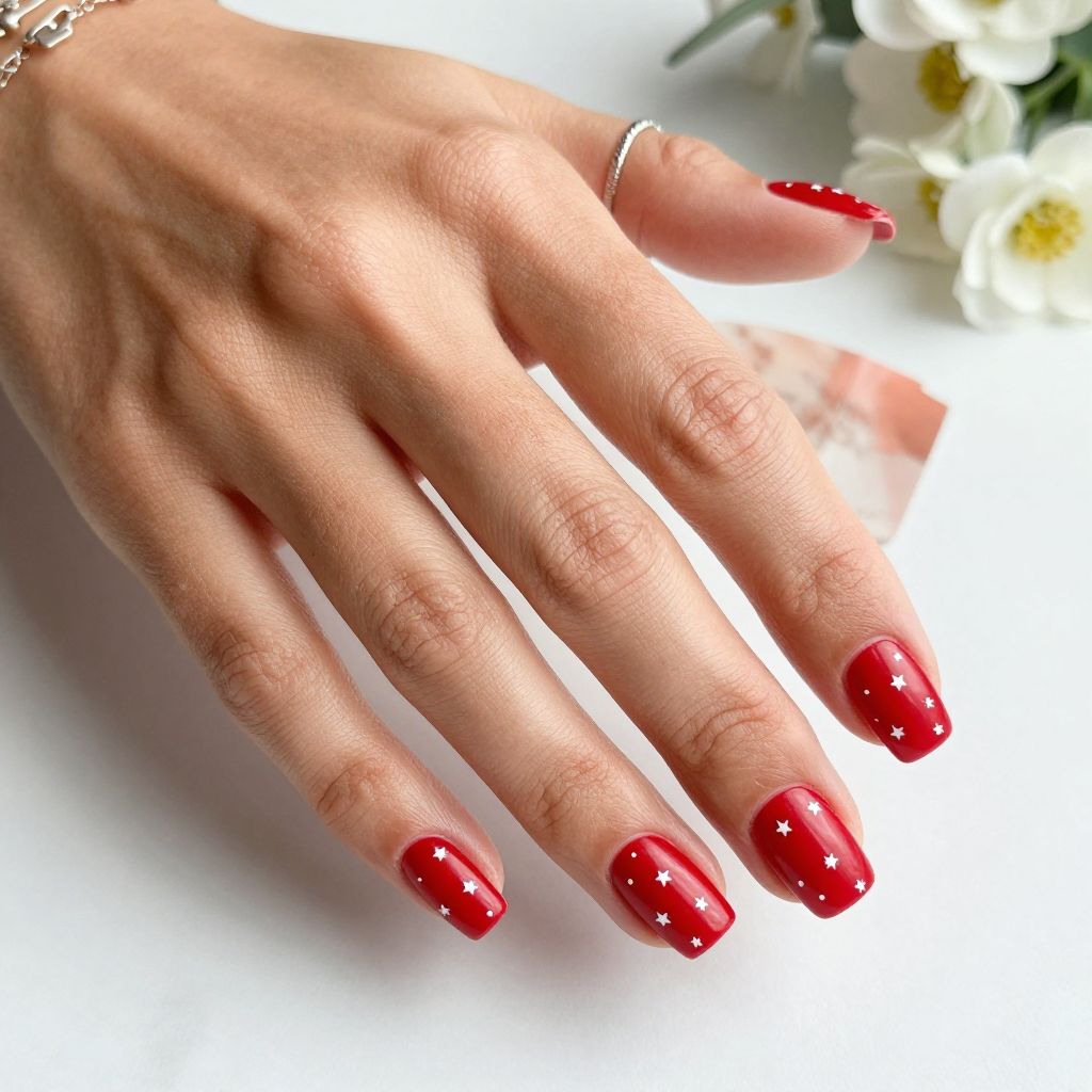 Satin Finish Red Nails with White Star Stickers