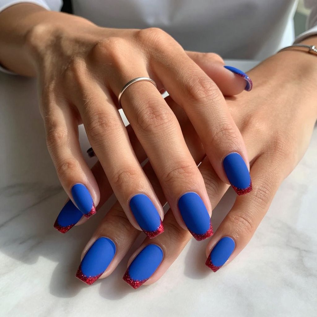 Blue Matte Nails with Red Glitter Tips